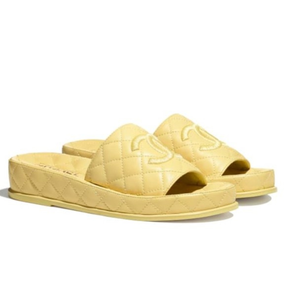 Chanel CC Yellow Quilted Slides Mules